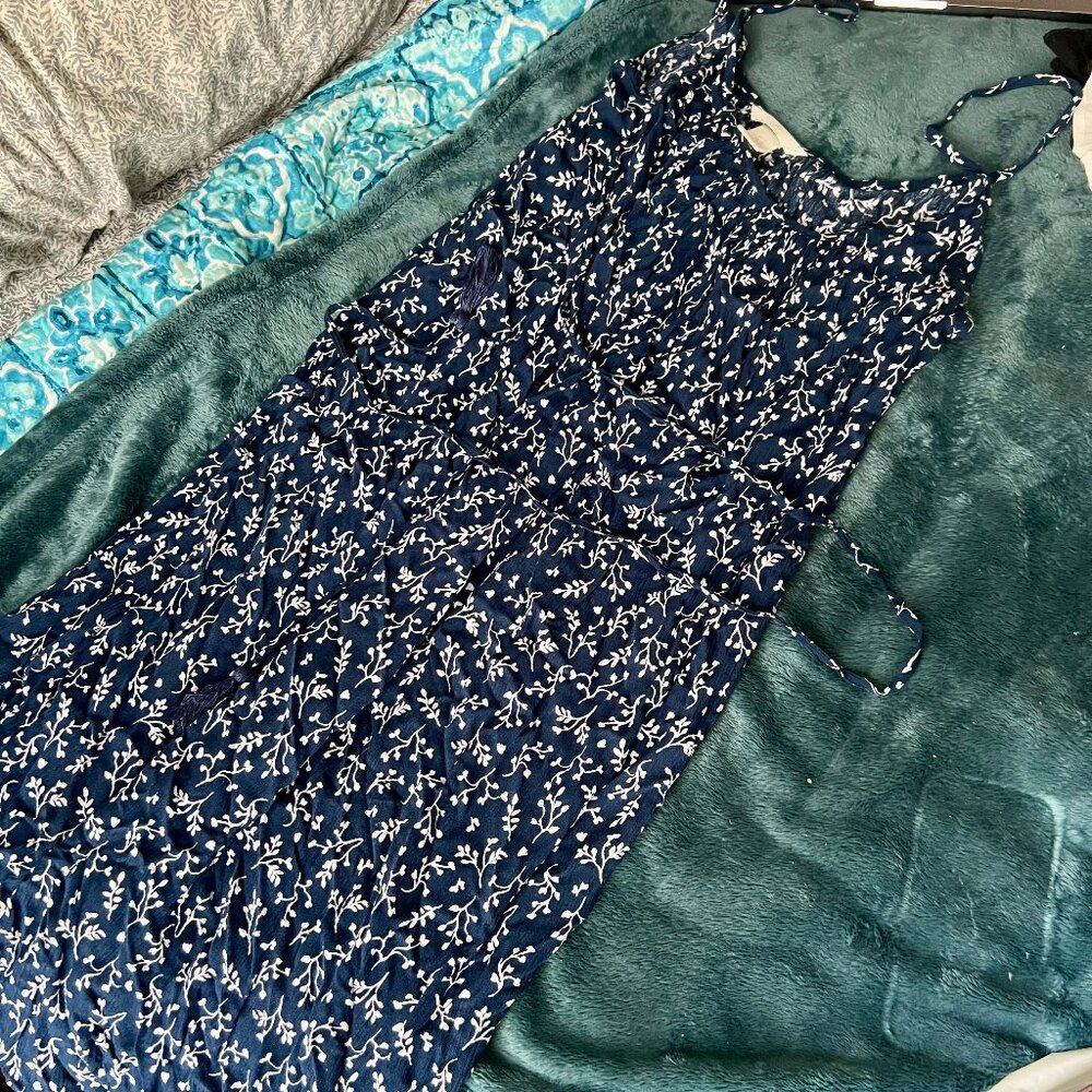 H&M Midi Dress Navy Blue with White Floral Pattern